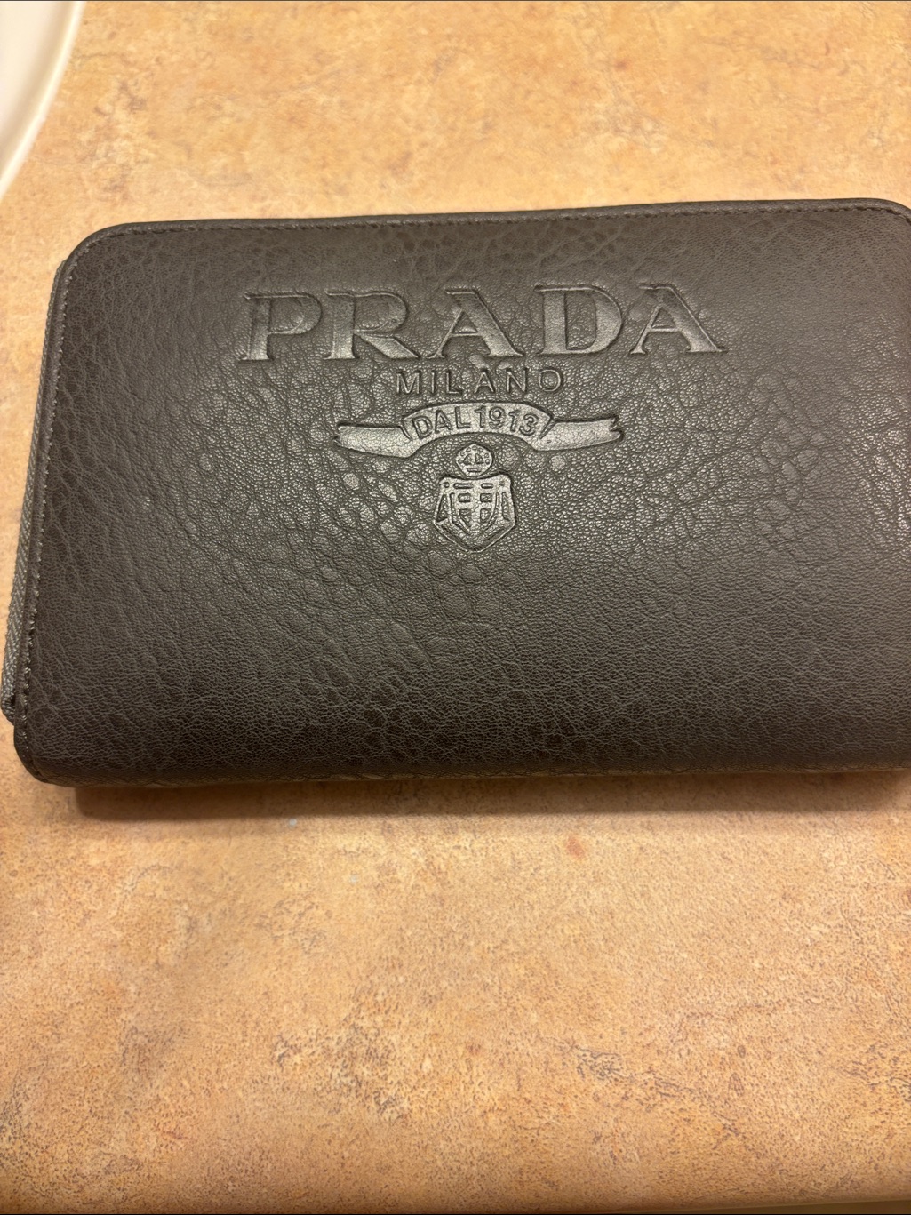 Prada Black Embossed Logo Leather Zip Card Holder
